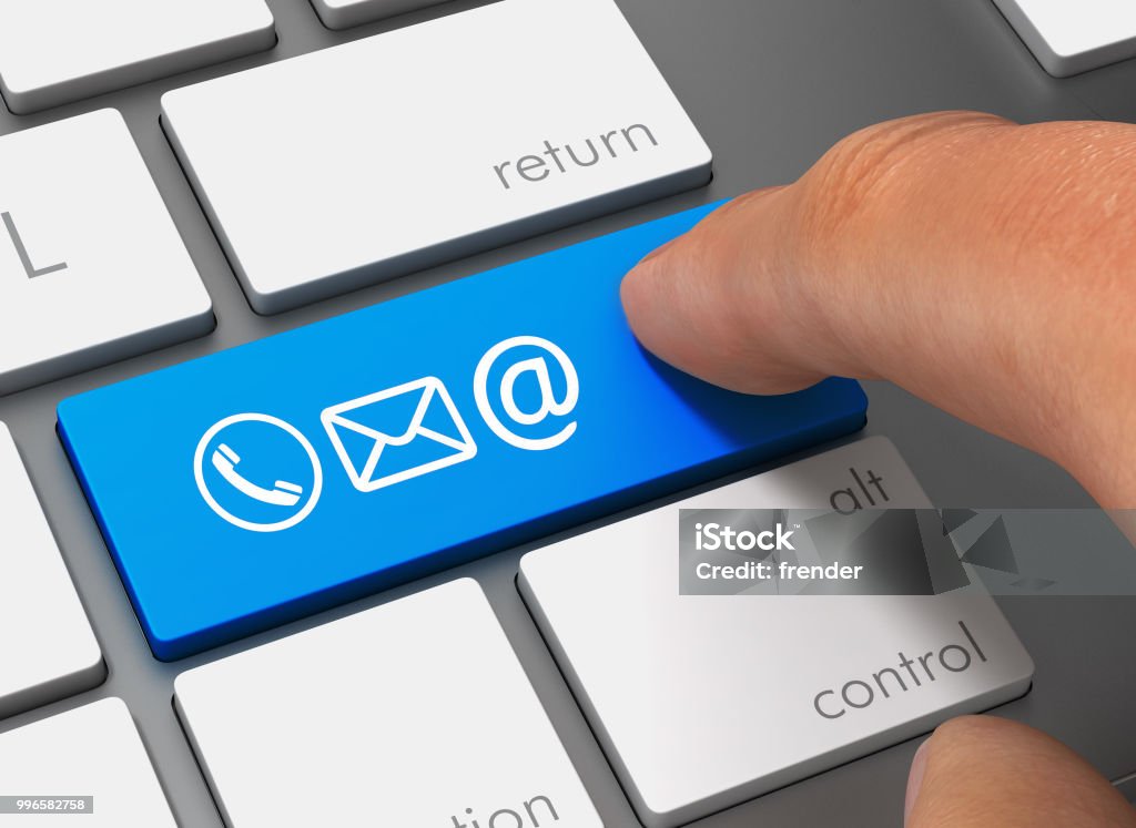 contact icons pushing keyboard with finger 3d concept illustration